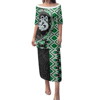 Green Taniko Motif Aotearoa Manaia and Silver Fern Family Matching Puletasi and Hawaiian Shirt