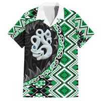 Green Taniko Motif Aotearoa Manaia and Silver Fern Family Matching Tank Maxi Dress and Hawaiian Shirt LT03 Dad's Shirt - Short Sleeve Green - Polynesian Pride