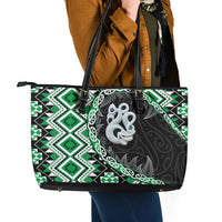 Green Taniko Motif Aotearoa Manaia and Silver Fern Leather Tote Bag