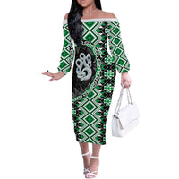 Green Taniko Motif Aotearoa Manaia and Silver Fern Off The Shoulder Long Sleeve Dress