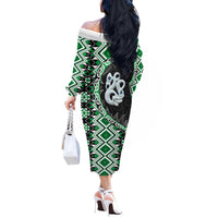 Green Taniko Motif Aotearoa Manaia and Silver Fern Off The Shoulder Long Sleeve Dress