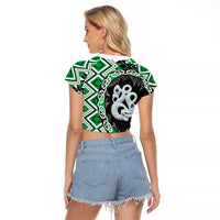 Green Taniko Motif Aotearoa Manaia and Silver Fern Raglan Cropped T Shirt