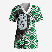 Green Taniko Motif Aotearoa Manaia and Silver Fern Scrub Top - Polynesian Pride