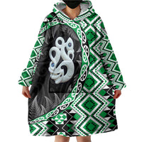 Green Taniko Motif Aotearoa Manaia and Silver Fern Wearable Blanket Hoodie
