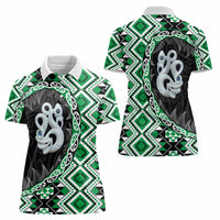 Green Taniko Motif Aotearoa Manaia and Silver Fern Women Polo Shirt
