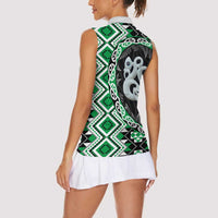 Green Taniko Motif Aotearoa Manaia and Silver Fern Women Sleeveless Polo Shirt