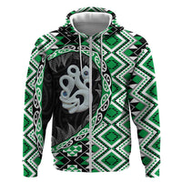 Green Taniko Motif Aotearoa Manaia and Silver Fern Zip Hoodie LT03 Zip Hoodie Green - Polynesian Pride