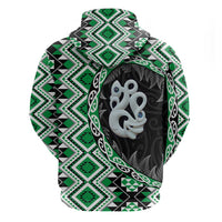 Green Taniko Motif Aotearoa Manaia and Silver Fern Zip Hoodie LT03 - Polynesian Pride