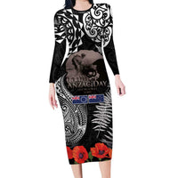 New Zealand and Cook Islands ANZAC Day Family Matching Long Sleeve Bodycon Dress and Hawaiian Shirt Gallipoli Lest We Forget Tatau Art Tribal and Maori Tattoo with Fern