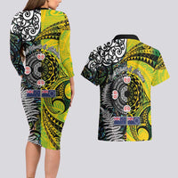 New Zealand and Cook Islands Together Couples Matching Long Sleeve Bodycon Dress and Hawaiian Shirt Tatau Art Tribal Pattern-Maori Tattoo with Fern and Paua Shell