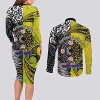 New Zealand and Cook Islands Together Couples Matching Long Sleeve Bodycon Dress and Long Sleeve Button Shirt Tatau Art Tribal Pattern-Maori Tattoo with Fern and Paua Shell
