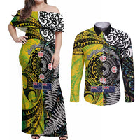 New Zealand and Cook Islands Together Couples Matching Off Shoulder Maxi Dress and Long Sleeve Button Shirt Tatau Art Tribal Pattern-Maori Tattoo with Fern and Paua Shell