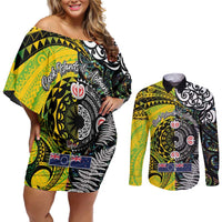 New Zealand and Cook Islands Together Couples Matching Off Shoulder Short Dress and Long Sleeve Button Shirt Tatau Art Tribal Pattern-Maori Tattoo with Fern and Paua Shell