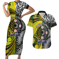 New Zealand and Cook Islands Together Couples Matching Short Sleeve Bodycon Dress and Hawaiian Shirt Tatau Art Tribal Pattern-Maori Tattoo with Fern and Paua Shell