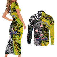 New Zealand and Cook Islands Together Couples Matching Short Sleeve Bodycon Dress and Long Sleeve Button Shirt Tatau Art Tribal Pattern-Maori Tattoo with Fern and Paua Shell