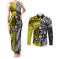New Zealand and Cook Islands Together Couples Matching Tank Maxi Dress and Long Sleeve Button Shirt Tatau Art Tribal Pattern-Maori Tattoo with Fern and Paua Shell