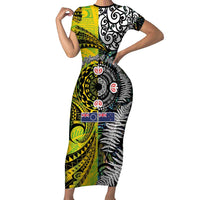 New Zealand and Cook Islands Together Family Matching Short Sleeve Bodycon Dress and Hawaiian Shirt Tatau Art Tribal Pattern-Maori Tattoo with Fern and Paua Shell