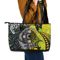 New Zealand and Cook Islands Together Leather Tote Bag Tatau Art Tribal Pattern-Maori Tattoo with Fern and Paua Shell
