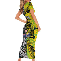 New Zealand and Cook Islands Together Short Sleeve Bodycon Dress Tatau Art Tribal Pattern-Maori Tattoo with Fern and Paua Shell