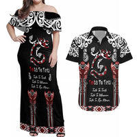 Aotearoa Toitu Te Tiriti-Maori Taniwha Couples Matching Off Shoulder Maxi Dress and Hawaiian Shirt Toitu Te Whenua Toitu Te Reo Maori