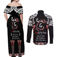 Aotearoa Toitu Te Tiriti-Maori Taniwha Couples Matching Off Shoulder Maxi Dress and Long Sleeve Button Shirt Toitu Te Whenua Toitu Te Reo Maori