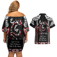 Aotearoa Toitu Te Tiriti-Maori Taniwha Couples Matching Off Shoulder Short Dress and Hawaiian Shirt Toitu Te Whenua Toitu Te Reo Maori