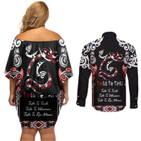 Aotearoa Toitu Te Tiriti-Maori Taniwha Couples Matching Off Shoulder Short Dress and Long Sleeve Button Shirt Toitu Te Whenua Toitu Te Reo Maori