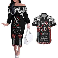 Aotearoa Toitu Te Tiriti-Maori Taniwha Couples Matching Off The Shoulder Long Sleeve Dress and Hawaiian Shirt Toitu Te Whenua Toitu Te Reo Maori