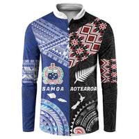 Personalised Aotearoa and Samoa Together Button Sweatshirt Tatau Art Tattoos-Taniko and Tukutuku with Maori Pattern LT03 Black - Polynesian Pride