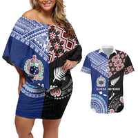 Personalised Aotearoa and Samoa Together Couples Matching Off Shoulder Short Dress and Hawaiian Shirt Tatau Art Tattoos-Taniko and Tukutuku with Maori Pattern