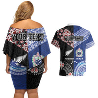 Personalised Aotearoa and Samoa Together Couples Matching Off Shoulder Short Dress and Hawaiian Shirt Tatau Art Tattoos-Taniko and Tukutuku with Maori Pattern