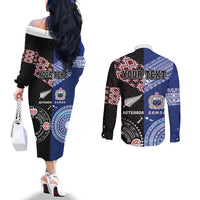 Personalised Aotearoa and Samoa Together Couples Matching Off The Shoulder Long Sleeve Dress and Long Sleeve Button Shirt Tatau Art Tattoos-Taniko and Tukutuku with Maori Pattern