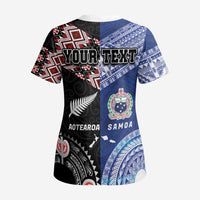 Personalised Aotearoa and Samoa Together Scrub Top Tatau Art Tattoos-Taniko and Tukutuku with Maori Pattern - Polynesian Pride
