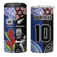 Custom Aotearoa and Samoa Rugby 4 in 1 Can Cooler Tumbler Maori Warrior and Teuila Emblem-Tatau with Taniko Art