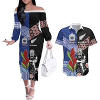 Custom Aotearoa and Samoa Rugby Couples Matching Off The Shoulder Long Sleeve Dress and Hawaiian Shirt Maori Warrior and Teuila Emblem-Tatau with Taniko Art