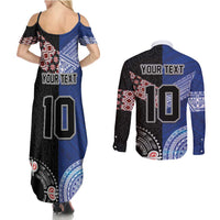 Custom Aotearoa and Samoa Rugby Couples Matching Summer Maxi Dress and Long Sleeve Button Shirt Maori Warrior and Teuila Emblem-Tatau with Taniko Art