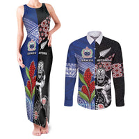 Custom Aotearoa and Samoa Rugby Couples Matching Tank Maxi Dress and Long Sleeve Button Shirt Maori Warrior and Teuila Emblem-Tatau with Taniko Art