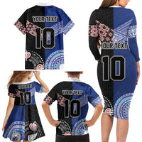 Custom Aotearoa and Samoa Rugby Family Matching Long Sleeve Bodycon Dress and Hawaiian Shirt Maori Warrior and Teuila Emblem-Tatau with Taniko Art