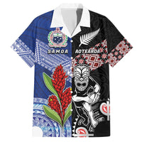 Custom Aotearoa and Samoa Rugby Family Matching Off The Shoulder Long Sleeve Dress and Hawaiian Shirt Maori Warrior and Teuila Emblem-Tatau with Taniko Art