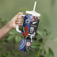 Custom Aotearoa and Samoa Rugby Tumbler With Handle Maori Warrior and Teuila Emblem-Tatau with Taniko Art