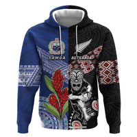 Custom Aotearoa and Samoa Rugby Zip Hoodie Maori Warrior and Teuila Emblem-Tatau with Taniko Art