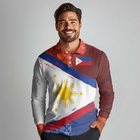 Philippines National Flag Day Long Sleeve Polo Shirt Polynesian and Yakan Tattoo Brush Style