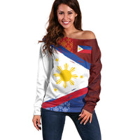 Philippines National Flag Day Off Shoulder Sweater Polynesian and Yakan Tattoo Brush Style