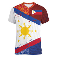 Philippines National Flag Day Women V-Neck T-Shirt Polynesian and Yakan Tattoo Brush Style