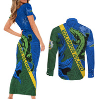 Solomon Island Crocodile and Shark Couples Matching Short Sleeve Bodycon Dress and Long Sleeve Button Shirt Polynesian Pattern