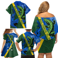 Solomon Island Crocodile and Shark Family Matching Off Shoulder Short Dress and Hawaiian Shirt Polynesian Pattern