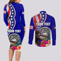 Personalised American Samoa and United States Couples Matching Long Sleeve Bodycon Dress and Long Sleeve Button Shirt Bald Eagle and Seal Hibiscus Polynesian Pattern