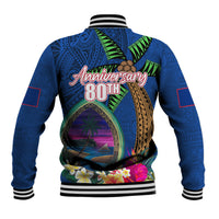 Guam Liberation Day 80th Anniversary Baseball Jacket Palm Tree and Seal Artwork Hibiscus Polynesian Pattern