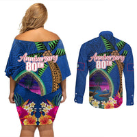 Guam Liberation Day 80th Anniversary Couples Matching Off Shoulder Short Dress and Long Sleeve Button Shirt Palm Tree and Seal Artwork Hibiscus Polynesian Pattern LT03 - Polynesian Pride