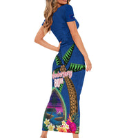 Guam Liberation Day 80th Anniversary Short Sleeve Bodycon Dress Palm Tree and Seal Artwork Hibiscus Polynesian Pattern LT03 - Polynesian Pride